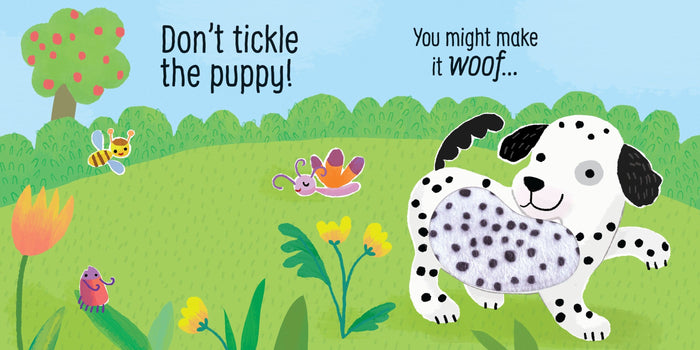 Illustrated book page of a dalmatian puppy with a fuzzy patch, a bee, and a butterfly in a green field.
