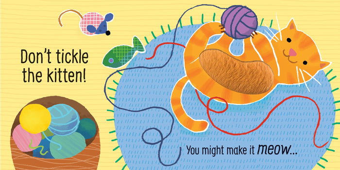 Orange kitten with a furry tummy patch holding purple yarn. Text: Don't tickle the kitten! You might make it meow...