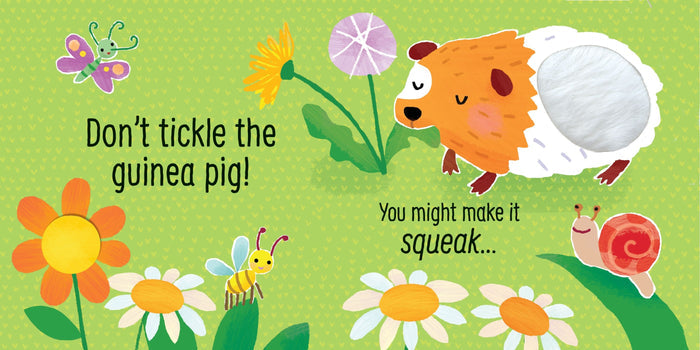 Illustrated book page with a guinea pig, fuzzy patch, and flowers. Text: Don’t tickle the guinea pig!