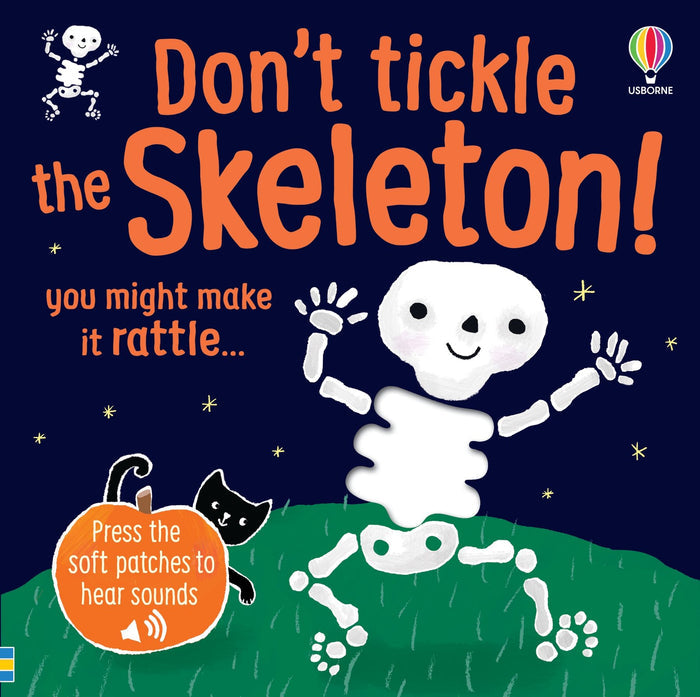Smiling white cartoon skeleton on navy blue book cover with green grass, orange pumpkin, and soft patches for sounds.