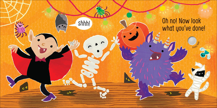 Colorful illustration of a dancing skeleton, vampire, and purple monster on a bright orange Halloween book page.