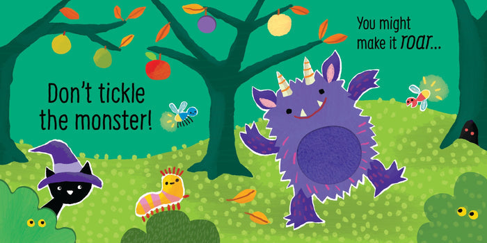 Colorful book page featuring a purple monster and a black cat in a witch hat with text: Don't tickle the monster!