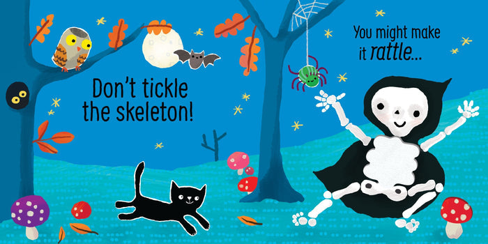 Whimsical night forest scene with a smiling skeleton in a black cape, a black cat, an owl, and a green spider.