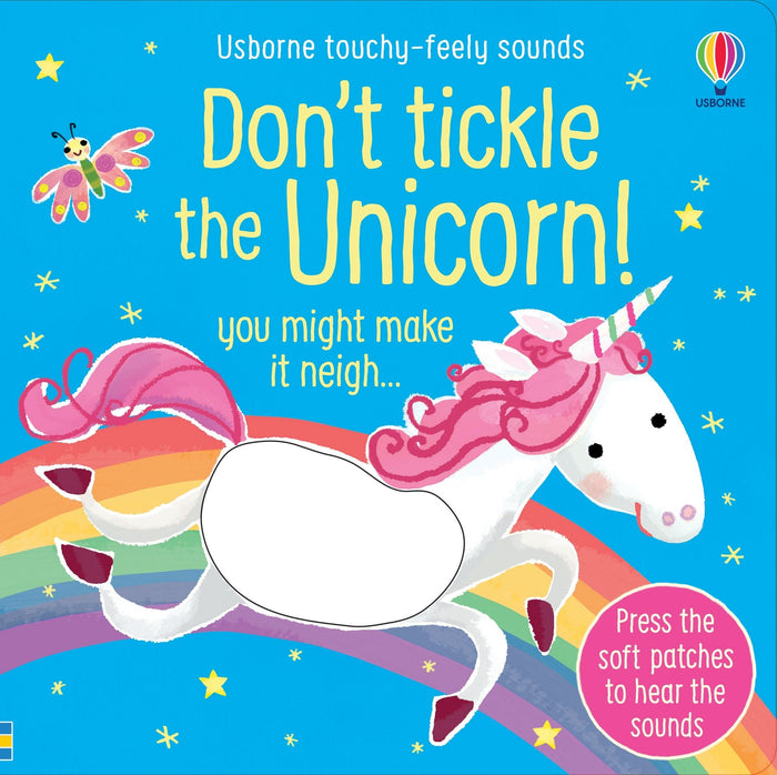 Bright blue book cover with a white unicorn and pink mane jumping over a rainbow, featuring a touch-and-feel patch.