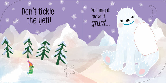 Children’s book page featuring a large white yeti with a tactile patch, snowy mountains, and stars in a purple sky.