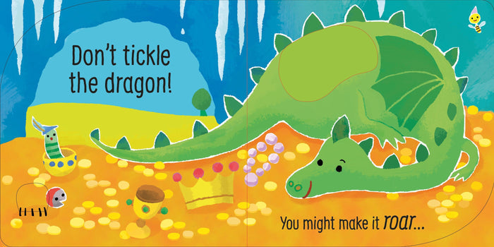 Children's book illustration of a green dragon sleeping on gold coins with a textured touch-and-feel patch.