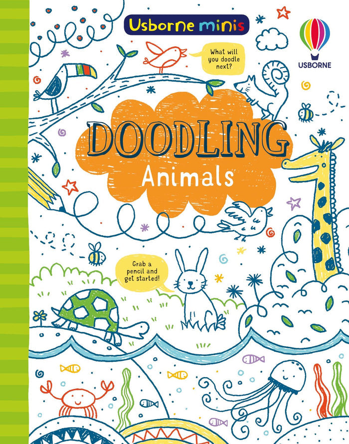 Usborne Doodling Animals book cover with colorful sketches of a giraffe, rabbit, and sea creatures on a white background.