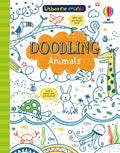 Usborne Doodling Animals book cover with colorful sketches of a giraffe, rabbit, and sea creatures on a white background.