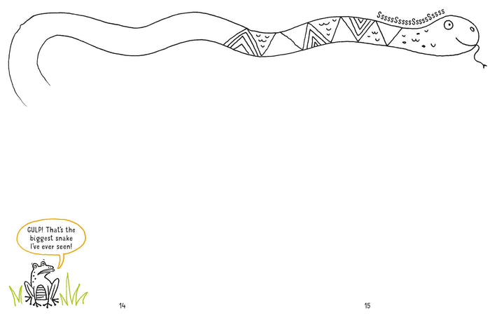 Black and white line drawing of a long snake and a frog with a speech bubble across pages 14 and 15 of a doodle book.