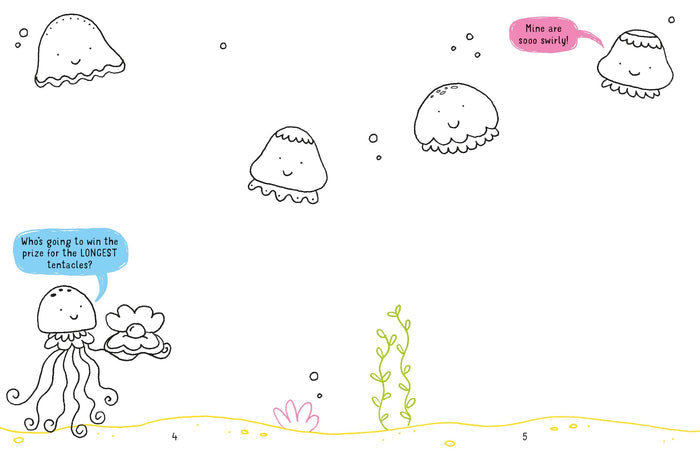 Black and white line drawing of jellyfish underwater with prompts to draw long, swirly tentacles.