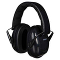 Black padded earmuffs with a thick headband and large cushioned cups featuring a small white Dooky logo.