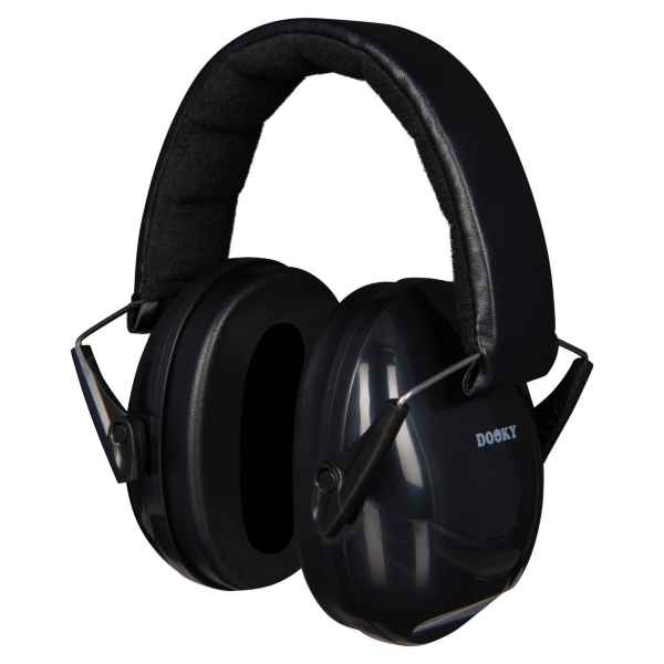 Black padded earmuffs with a thick headband and large cushioned cups featuring a small white Dooky logo.