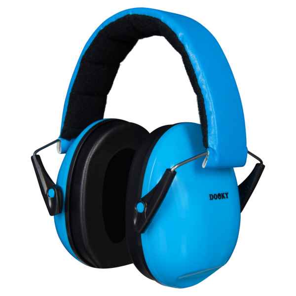 Bright blue earmuffs with black padded ear cushions and an adjustable blue headband.