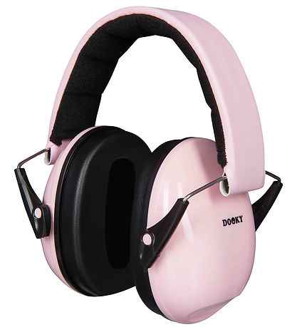 Light pink children's earmuffs with black foam padding, a padded headband, and Dooky logo printed on the side.