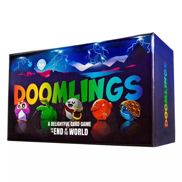 Blue card game box with rainbow text and cute characters against a dark night landscape with lightning and mountains.
