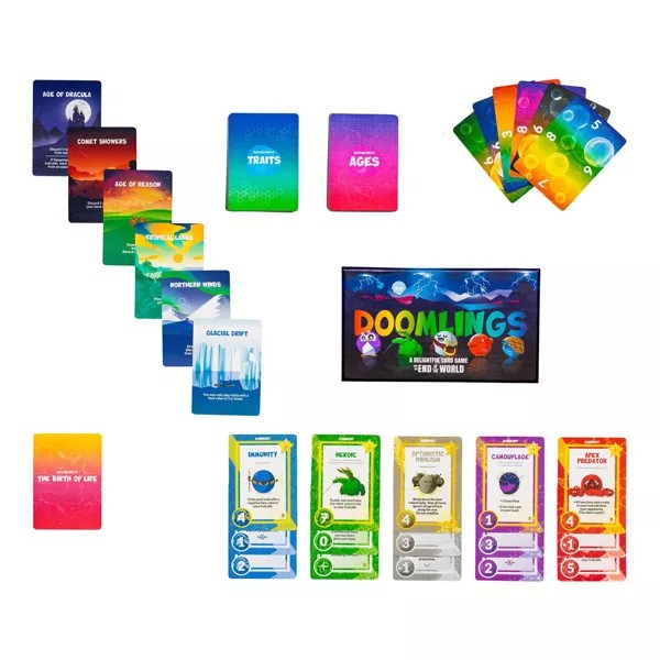 Vibrant Doomlings card game components with neon illustrated trait cards and cartoon creatures on a white background.