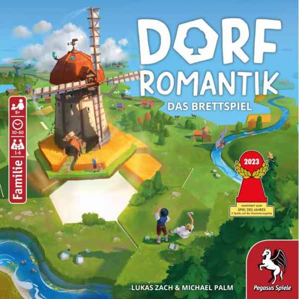 Vibrant board game box featuring a windmill on hexagonal tiles, lush green hills, a blue river, and a red award seal.