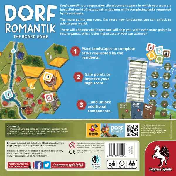 Back of Dorfromantik board game box with hexagonal tiles, gameplay instructions, and component images on blue.