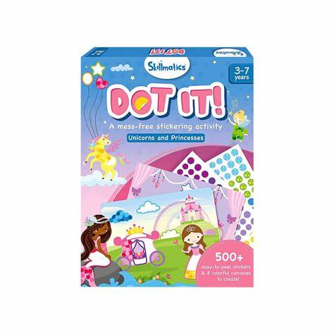 Blue Skillmatics Dot It! box for ages 3-7, featuring a unicorn, princess, mermaid, and colorful dot stickers.