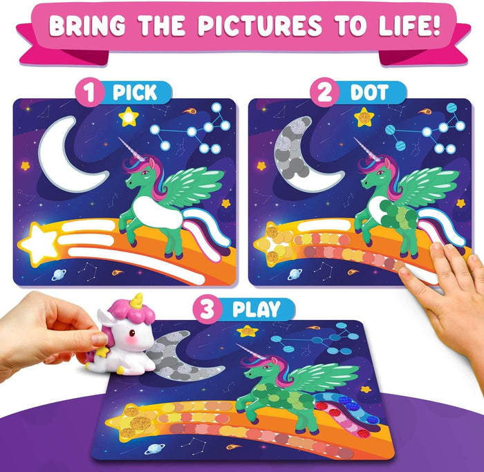 Steps showing how to apply shiny dot stickers to a space unicorn scene and play with the included unicorn figurine.