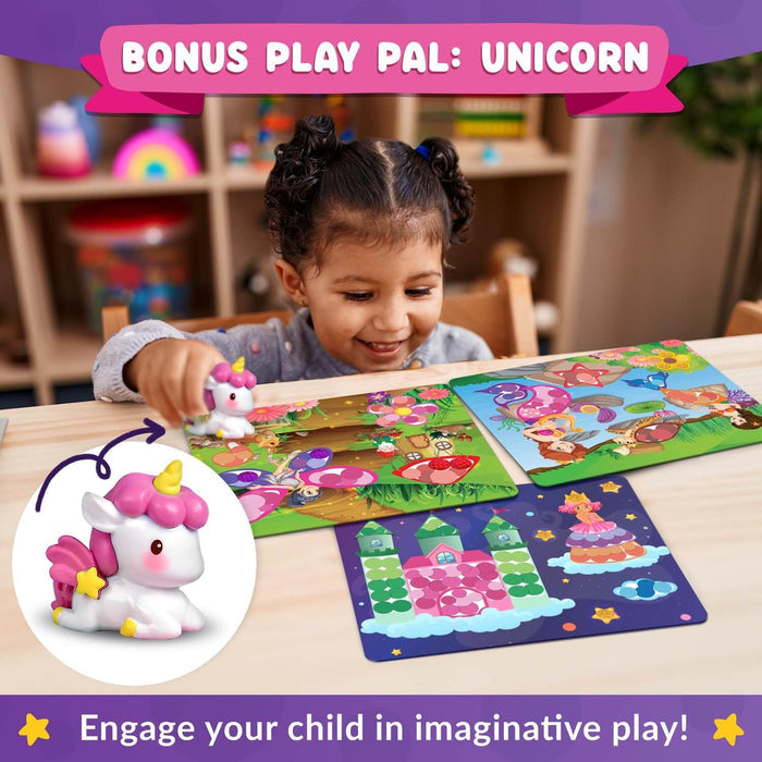 Young girl playing with colorful themed activity mats and a small white and pink unicorn figurine.