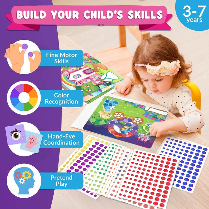 Young girl applying colorful dot stickers to princess-themed boards with educational skill labels for ages 3-7.