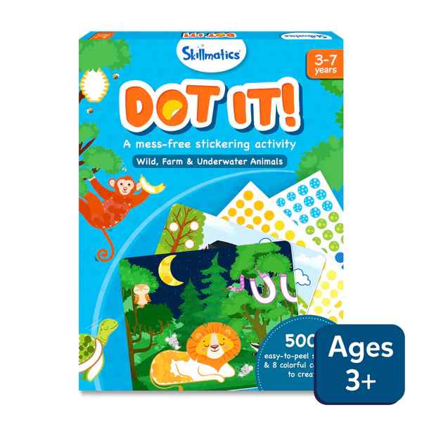 Blue Skillmatics Dot It box featuring a monkey, lion, turtle, and colorful dot sticker sheets.