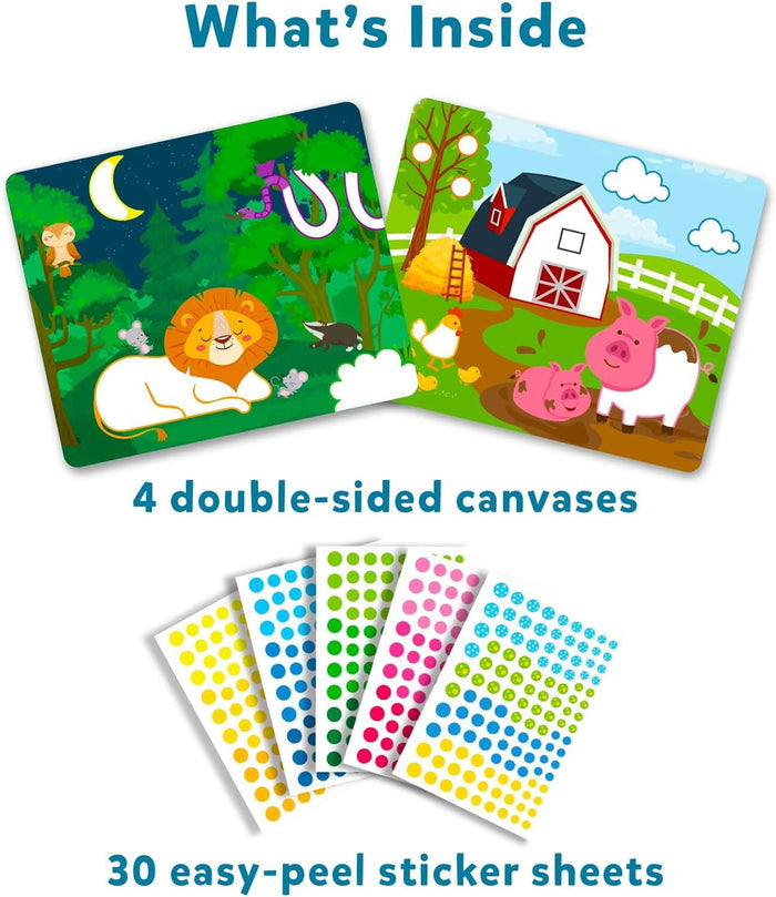 Four double-sided animal canvases and 30 sticker sheets with vibrant yellow, blue, green, and pink dot stickers.