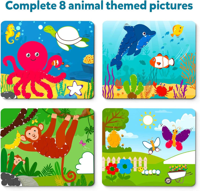 Four colorful animal scenes featuring an octopus, dolphin, monkey, and butterfly with white circles for sticker dots.