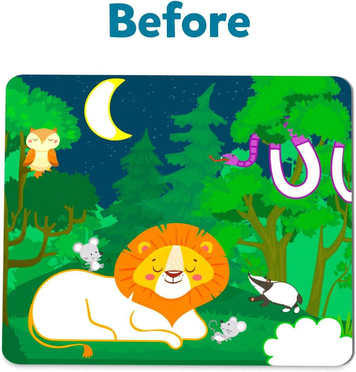 Cartoon forest night scene with a sleeping white lion, owl, and purple snake under the blue word Before.