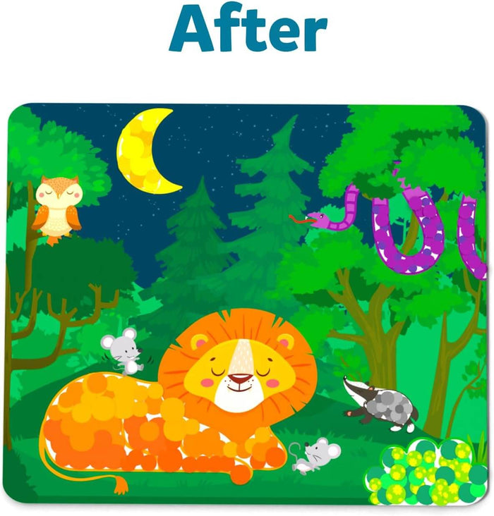 Completed sticker activity featuring a cartoon lion and snake in a night forest filled with colorful dots.
