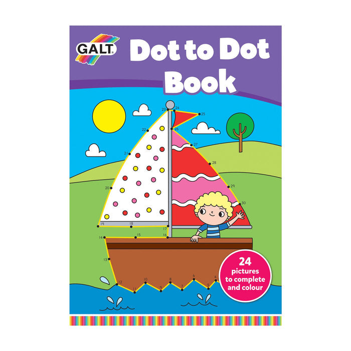 Colorful Galt activity book cover with a boy in a sailboat, yellow sun, and numbered dots to connect and color.