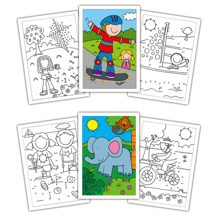 Six activity pages from a dot-to-dot book featuring a skateboarder, elephant, and kids playing in color and line art.