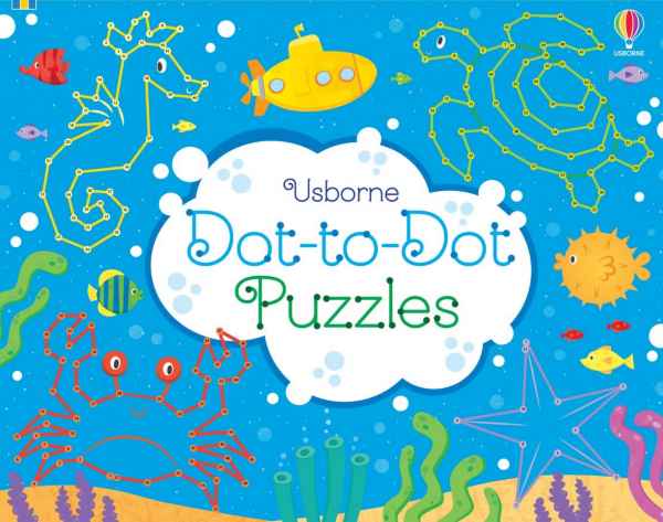 Ocean-themed children's book cover with dot-to-dot sea creatures and a yellow submarine on a bright blue background.