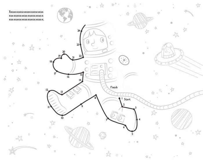 Black and white space-themed dot-to-dot puzzle featuring an astronaut, planets, stars, and a UFO.