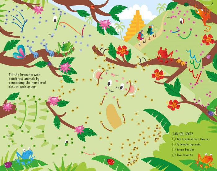 Illustrated rainforest activity page with dot-to-dot puzzles, colorful frogs, flowers, and a temple pyramid.