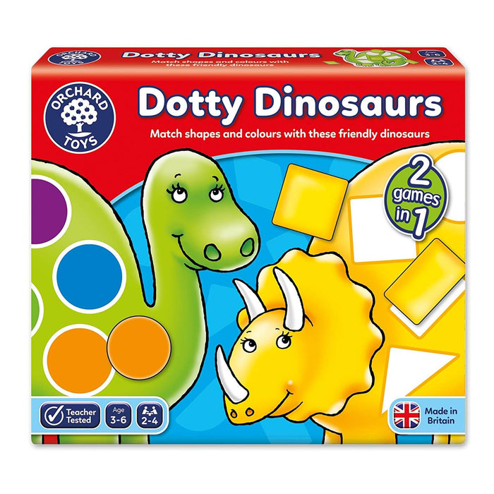 Orchard Toys Dotty Dinosaurs box featuring green and yellow dinosaurs with colorful spots and shape-matching pieces.