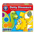 Orchard Toys Dotty Dinosaurs box featuring green and yellow dinosaurs with colorful spots and shape-matching pieces.