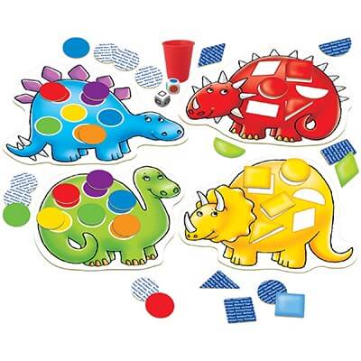 Four colorful dinosaur game boards with matching shape and dot tokens, two dice, and a red cup.
