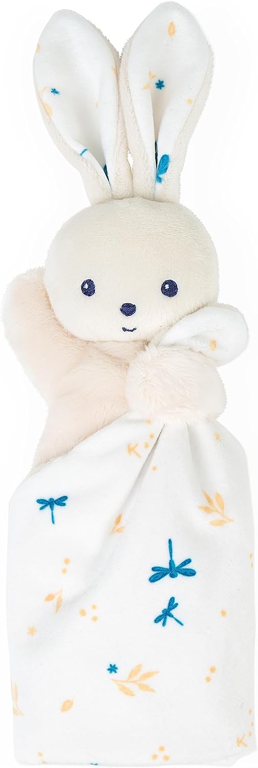 Cream plush rabbit comforter with blue eyes and a white blanket embroidered with blue dragonflies and orange leaves.