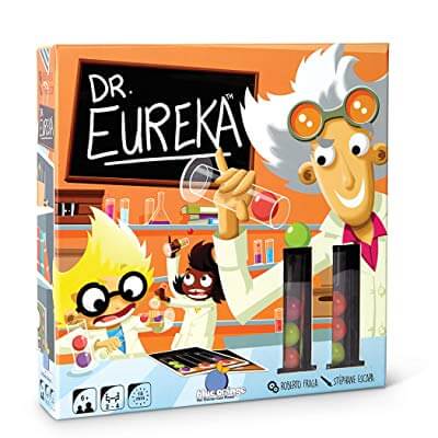 Orange board game box with cartoon scientists in a lab, featuring test tubes filled with colorful balls.