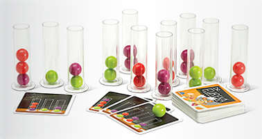 Clear plastic test tubes filled with red, green, and purple balls next to game cards showing ball arrangements.