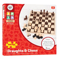 Red Bigjigs toy box featuring a wooden board with light and dark brown chess pieces and draughts counters.