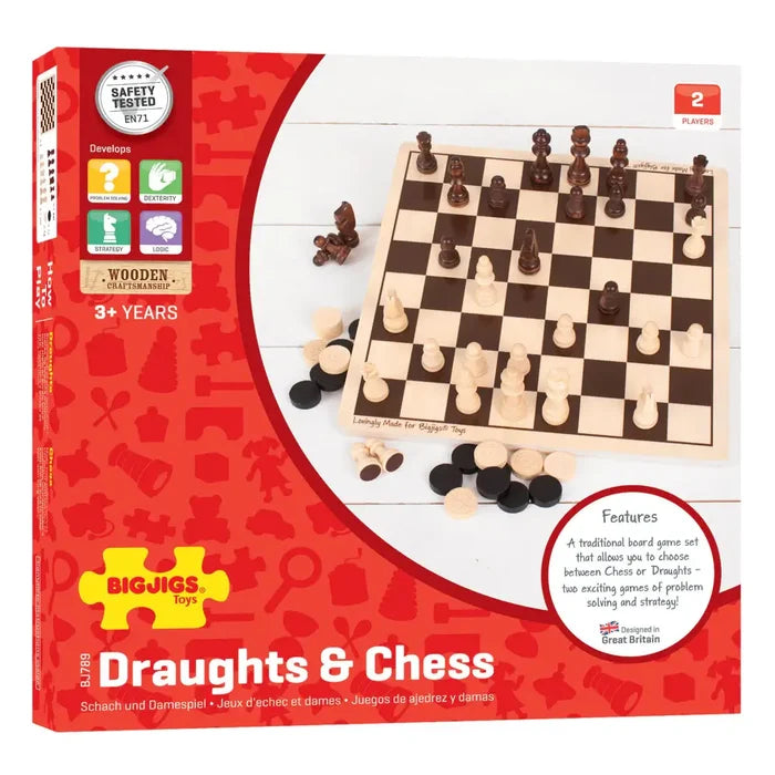 Red Bigjigs toy box featuring a wooden board with light and dark brown chess pieces and draughts counters.