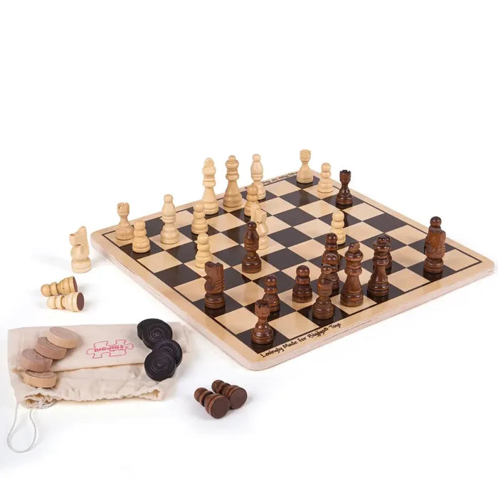 Wooden chessboard with light and dark chess pieces and a cloth bag with round wooden draughts discs.