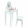 White wooden child's vanity set featuring an oval mirror, matching stool, and pink floral toy accessories.