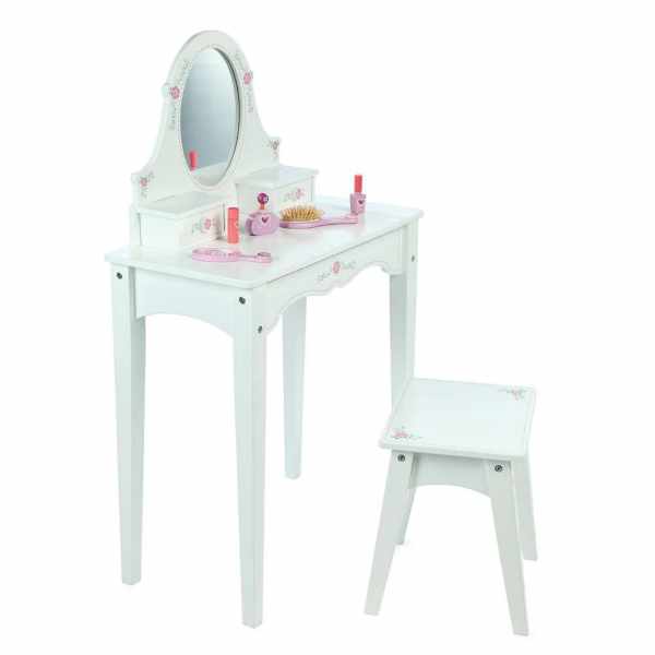 White wooden child's vanity set featuring an oval mirror, matching stool, and pink floral toy accessories.