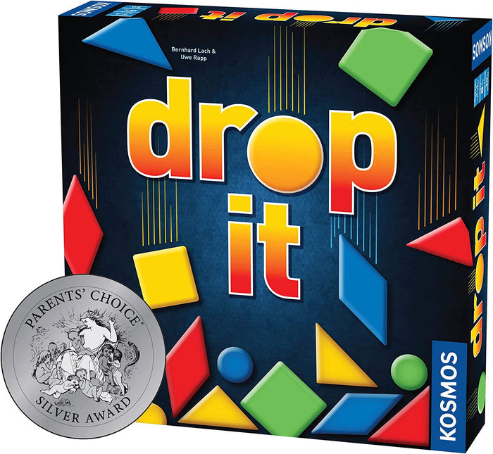 Dark blue box with colorful 3D shapes falling around the title drop it and a silver Parents' Choice award seal.