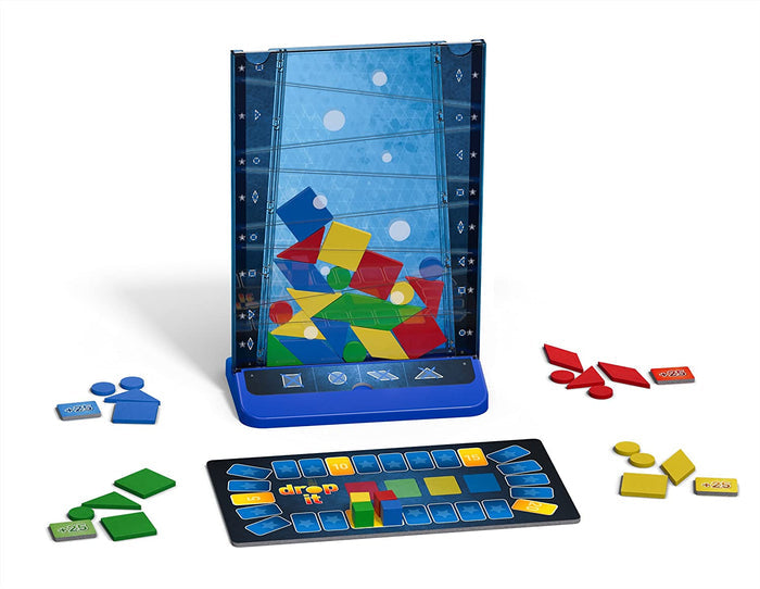 Vertical clear tower filled with colorful geometric shapes, with a scoreboard and colored game pieces at the base.