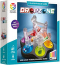 DropZone game packaging featuring a clear plastic marble run on a base with vibrant, multi-colored circular pockets.